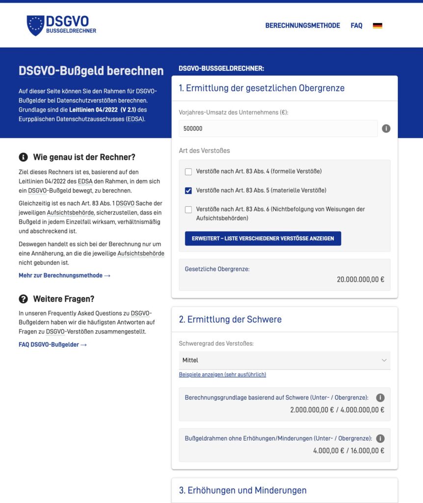 Screenshot von bussgeldrechner-dsgvo.de